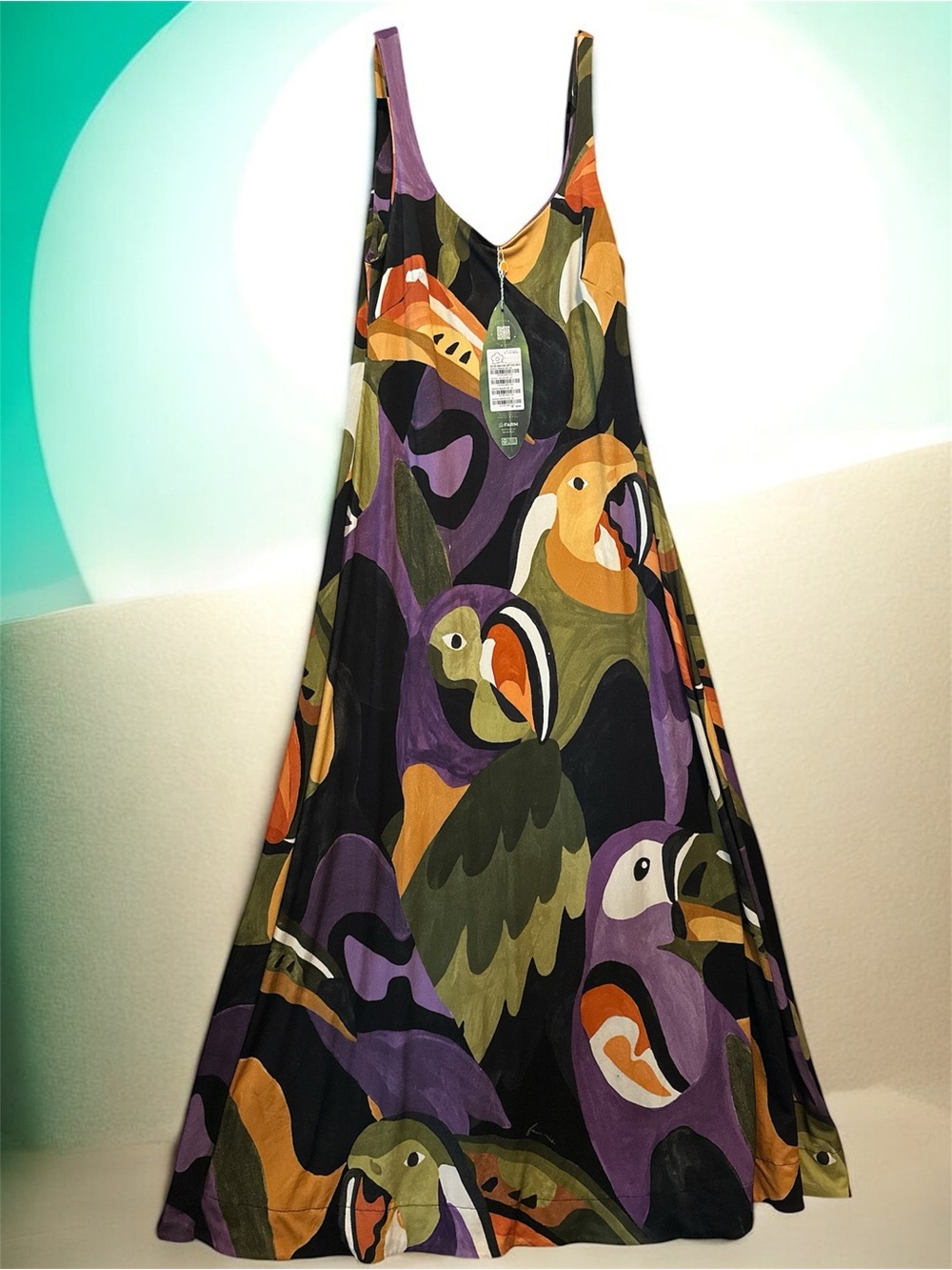 Farm Rio Languido Voo Doce maxi dress in black w/a colorful tropical bird print.